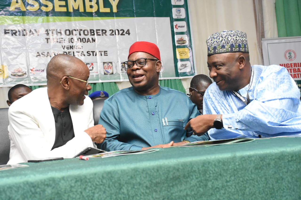 Delta State Deputy Governor Sir. Monday Onyeme (middle) Minister of Sports Mr. John Owan Enoh (left) and the President of Nigeria football federation (NFF) Alhaji Ibrahim Gusau during the 80th Annual General Assembly of the Nigeria football federation held at Unity Hall Government House Asaba on Friday, October 4, 2024