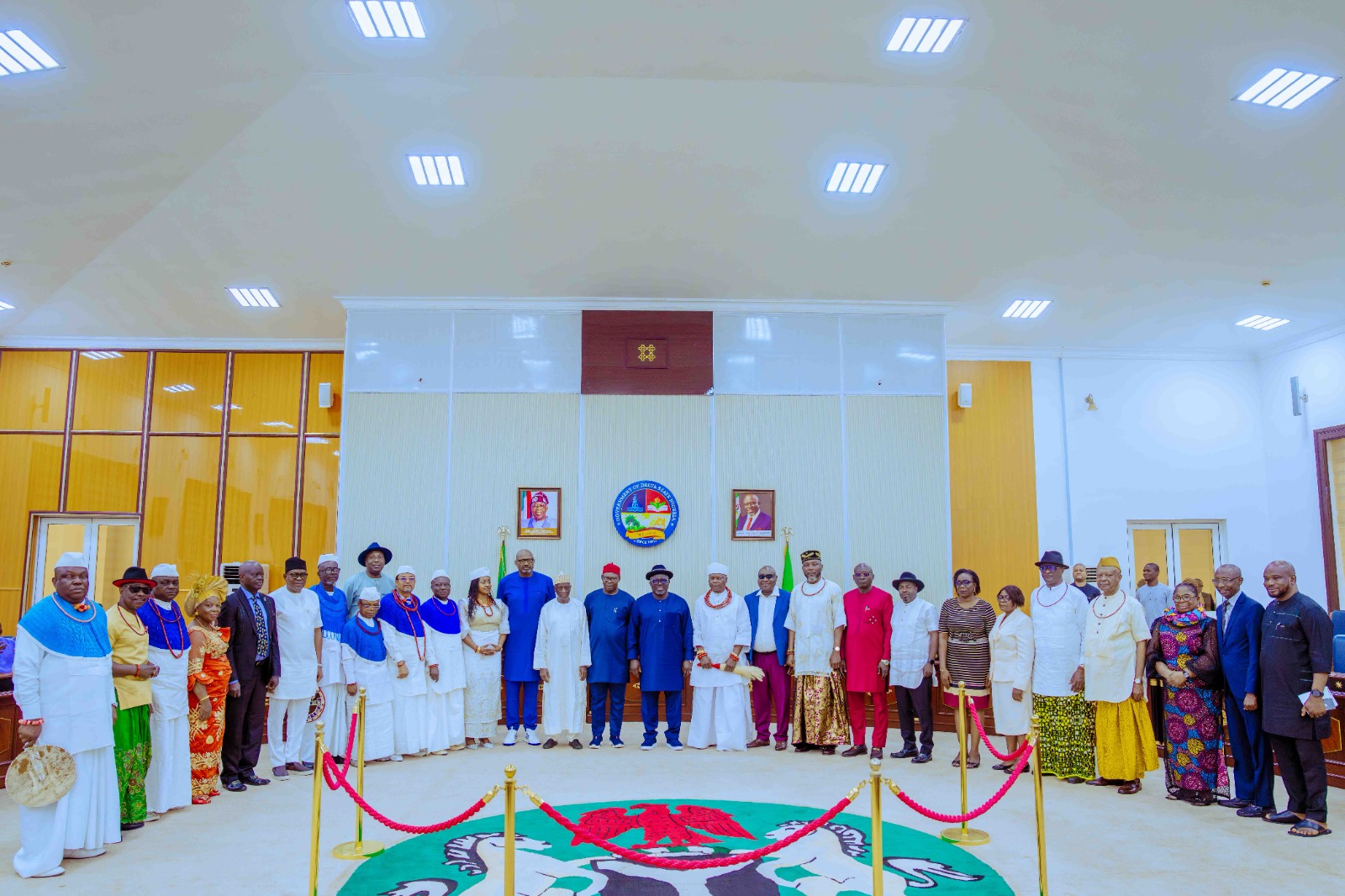 Delta Governor, Rt. Hon. Sheriff Oborevwori (13th right), his  Deputy , Sir. Monday Onyeme (14th left), Deputy Speaker of the  State House of Assembly, Rt. Hon. Arthur Akpowowo (10th right), Secretary to State Government, Dr. Kingsley Emu (12th left), HRM Michael Omeru, Ogurimerime Ukori I, the Ovie of Agbon Kingdom (right), Chairman /Pro Chancellor, Federal University of Petroleum Resources Effurun, Engr. Bello Issa (13th left), Chief Brodericks Arigbodi (5th right), SDOP, Olorogun  Sunday Onoriode (last right) during a courtesy visit on the Governor by the Monarch, Agbon Chiefs and  FUPRE  management at  Government House,  Asaba on Thursday, August 15, 2024.