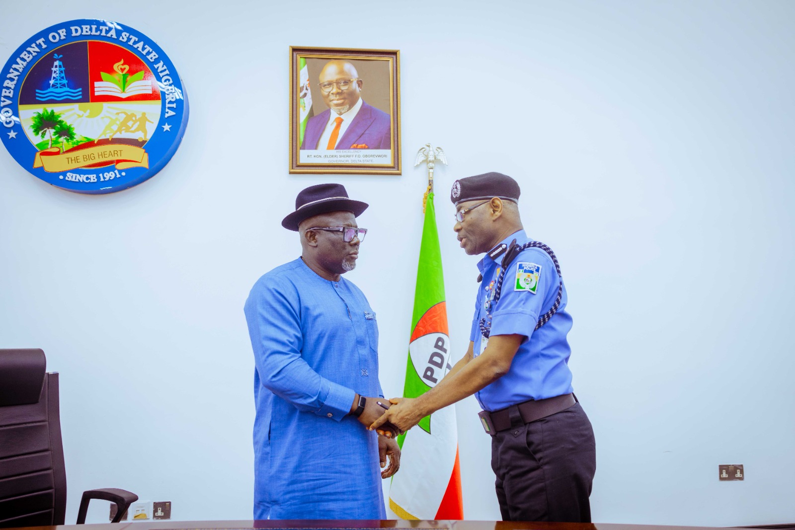 Delta Governor, Rt Hon Sheriff Oborevwori and the Deputy Inspector General of Police in charge of ICT Department, Force Headquarters and South South, DIG Sokari Pedro during a courtesy visit to the Governor at Government House Asaba