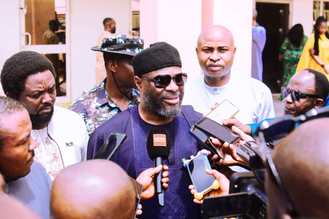 Senator Joel-Onowakpo Thomas speaking to Journalists at after attending Governor Sheriff Oborevwori's First Anniversary Thanksgiving at Winners Chapel, Ibusa Road, Asaba