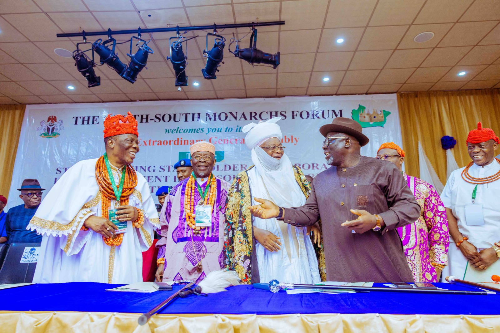 Delta Governor, Rt. Hon. Sheriff Oborevwori (right), exchanging pleasantries with the Chairman, South-South Monarchs Forum, His Majesty, King Dr. Edmund Daukoru (2nd left), Chairman, Delta State Council of Traditional Rulers and Vice Chairman South-South Monarchs Forum, His Royal Majesty, Orhue the I, Orodje of Okpe Kingdom (left) and His Royal Majesty, Aliyu Danesi Oba Idanesi II, Aidonogie of South Ibie Kingdom, Edo State (2nd right) while the Obi of Ubulu-Unor and the 2nd Vice Chairman, Delta State Traditional Rulers Council in Aniocha South LGA, HRM, Obi Henry Kikachukwu ( right) looks on at the 13th Extra- Ordinary General Assembly of the South-South Monarchs Forum at Government House, Asaba