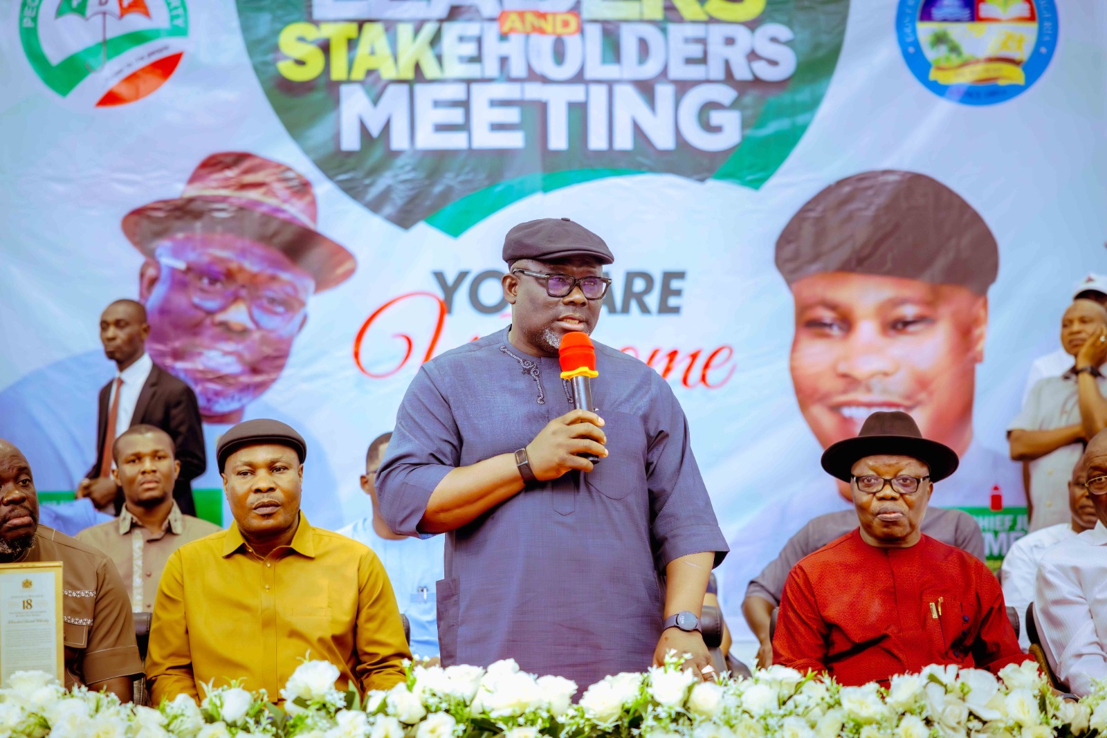 Governor Sheriff Oborevwori speaking at a meeting with Delta South PDP Stakeholders meeting at the residence of former governor, Dr Emmanuel Uduaghan