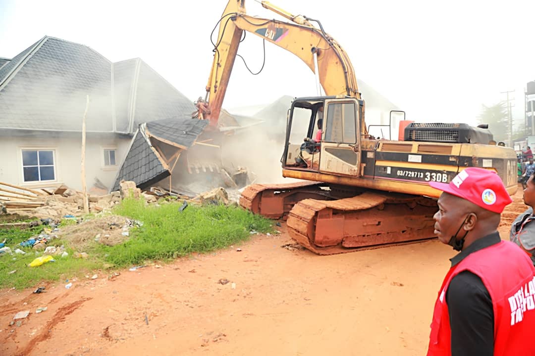 Demolition of Illegal structures on Government Lands at Anwai 74 areas in Asaba on Friday, June 21, 2024 by the Delta State Taskforce on Land Recovery and Outright Demolition Committee.