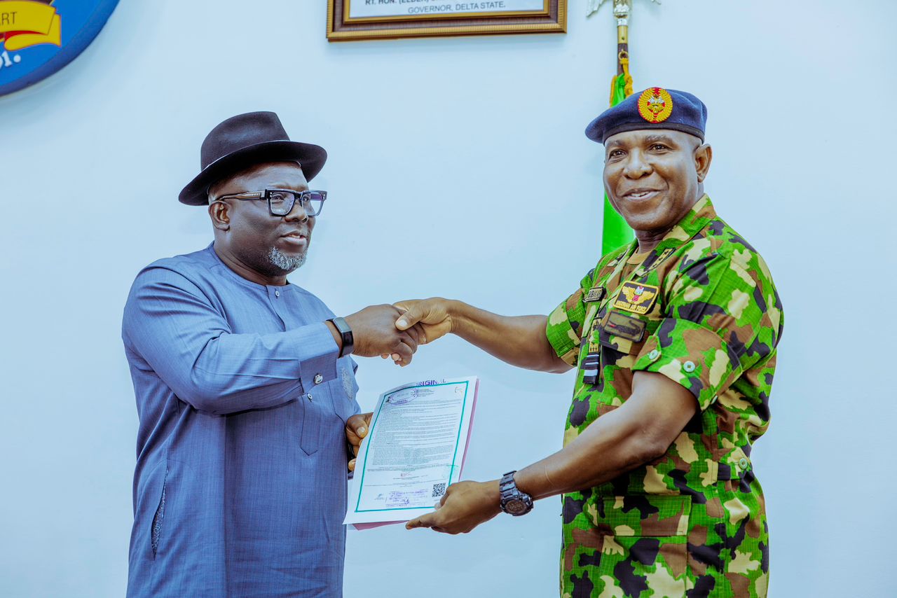 Delta Governor, Rt. Hon Sheriff Oborevwori (left), presenting the copy of C of O to a 66.6 hectares of land donated to the Nigerian Airforce at Osubi, Delta State to the Chief of Air Staff, Air Marshall Hasan Abubakar during a courtesy call on the Governor at Government House, Asaba on Wednesday.
