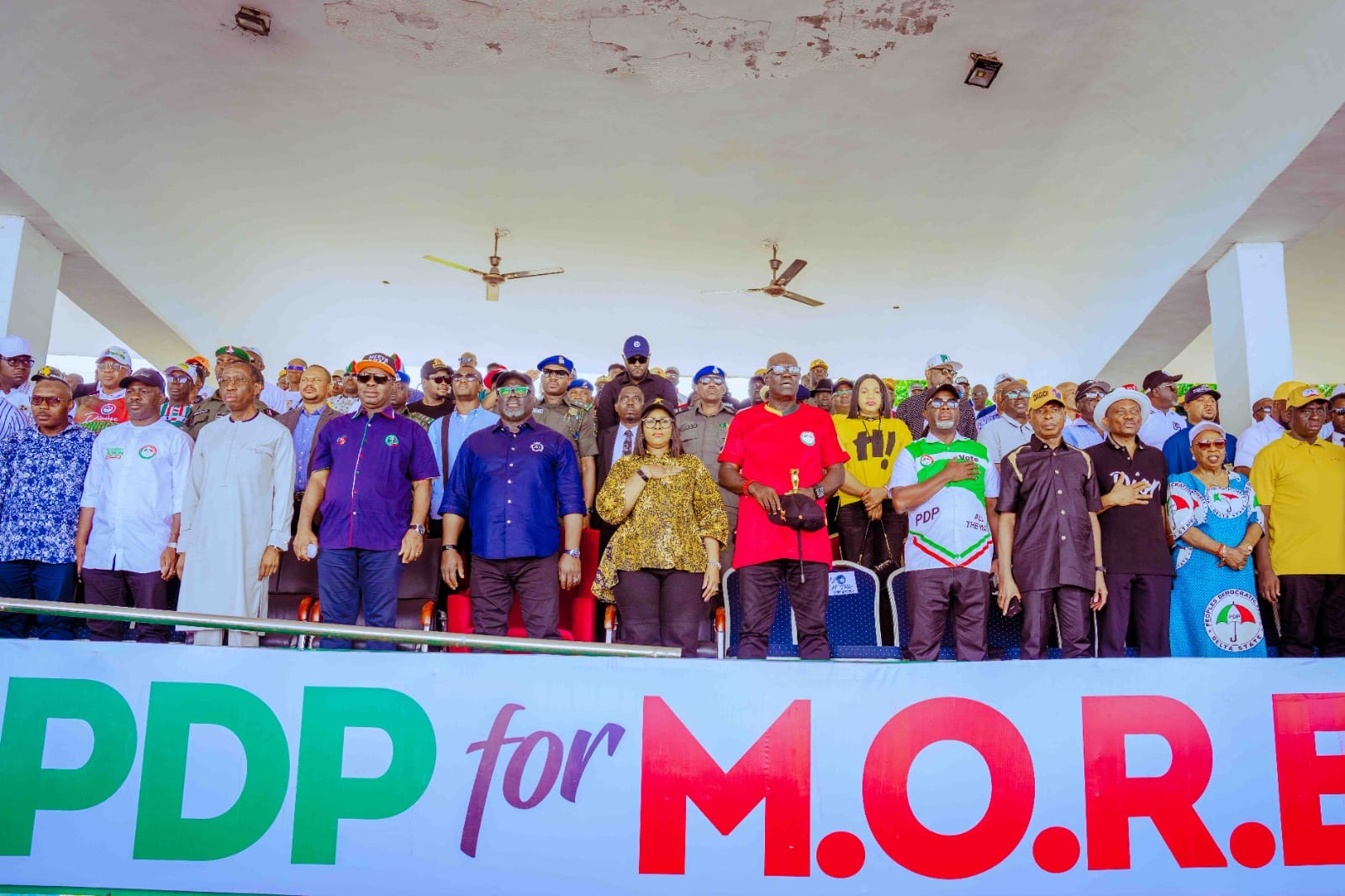 Delta Governor, Rt Hon Sheriff Oborevwori (5th left), his Wife Deaconess Tobore (6th left), Deputy Governor, Sir Monday Onyeme (4th left), immediate past Governor, Senator Ifeanyi Okowa (3rd left), Speaker of the State House of Assembly, Rt Hon Emomotimi Guwor (2nd left), the State Chairman, PDP, Olorogun Kingsley Esiso (4th right), Senator James Manager (2nd right), Hon Pascal Adigwe (1st right) Elder Moses Iduh, Delta North PDP Chairman (1st left) during the State PDP mega rally in Asaba for Local Government Elections, on Wednesday, July 10, 2024