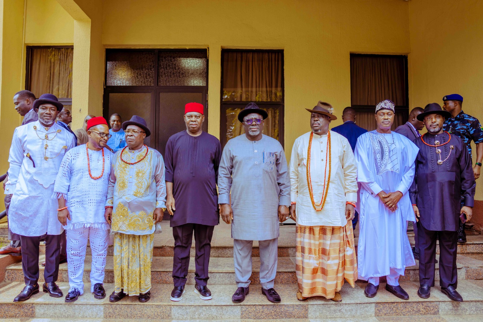 Delta Governor, Rt Hon Sheriff Oborevwori (4th right), his Deputy, Sir Monday Onyeme (4th left), with the newly sworn in Commissioners at Government House, Asaba on Wednesday, July 31, 2024