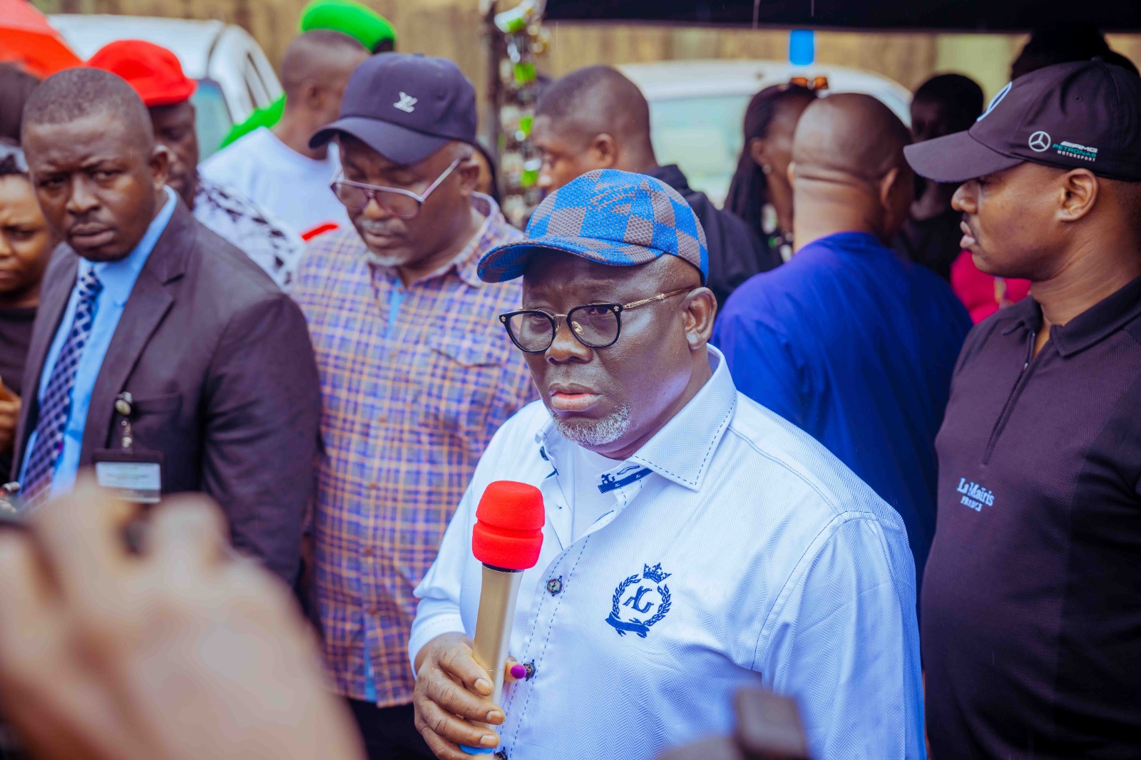 Delta Governor, Rt. Hon. Sheriff Oborevwori (right) granting an interview to journalists shortly after casting his vote during the Local government Council election at Okpe Ward 6/Unit 33 in Osubi on Saturday, July 13, 2024.