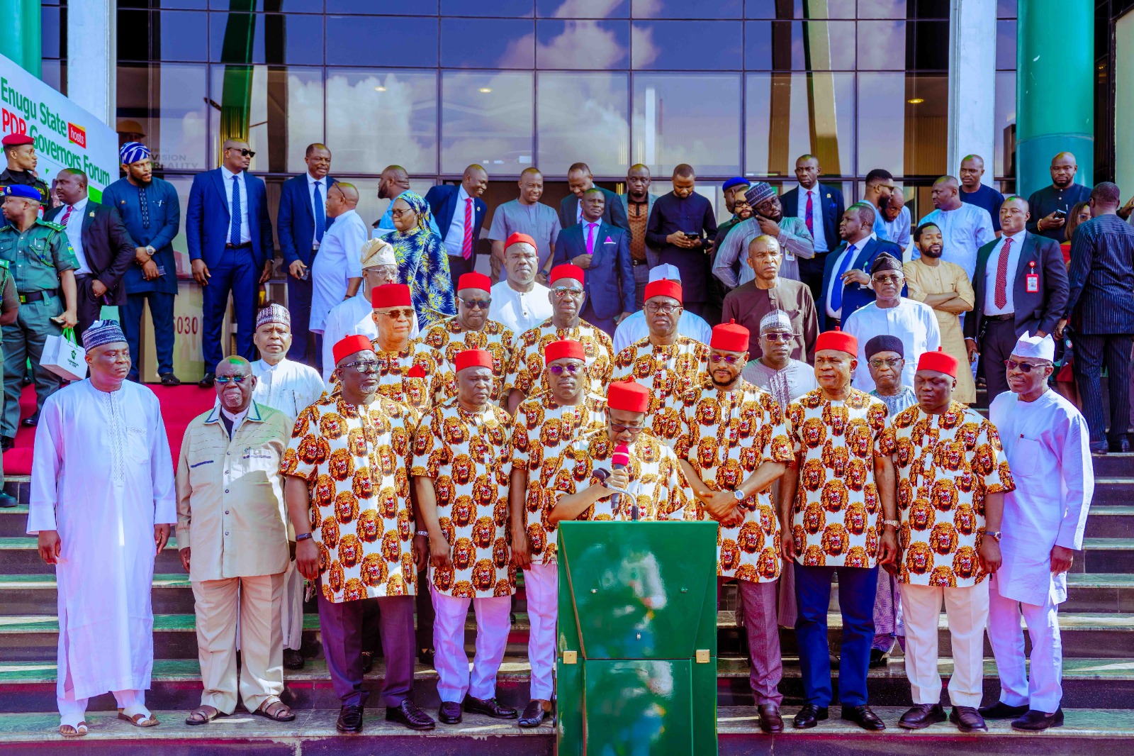 Chairman PDP Governor's Forum and Governor of Bauchi State, Senator Bala Muhammed (5th right) reads the Communique immediately after the PDP Governors meeting in Enugu on Wednesday, while his counterparts, Rt. Hon. Sheriff Oborevwori of Delta State (2nd left) Governor Agbu Kefas of Taraba (2nd right), Ahmadu Fintiri of Adamawa (3rd left), Governor Dauda Lawal of Zamfara (4th right), Governor Peter Mbah of Enugu (3rd right), Governor Siminalayi Fubara of Rivers (4th left) and others look on.