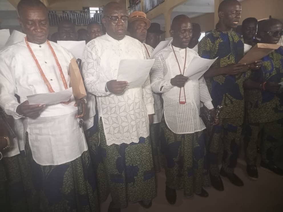 The newly elected President General of Afiesere Community, Mr Luke Umukoro and others being Sworn-in on Monday, August 12, 2024.