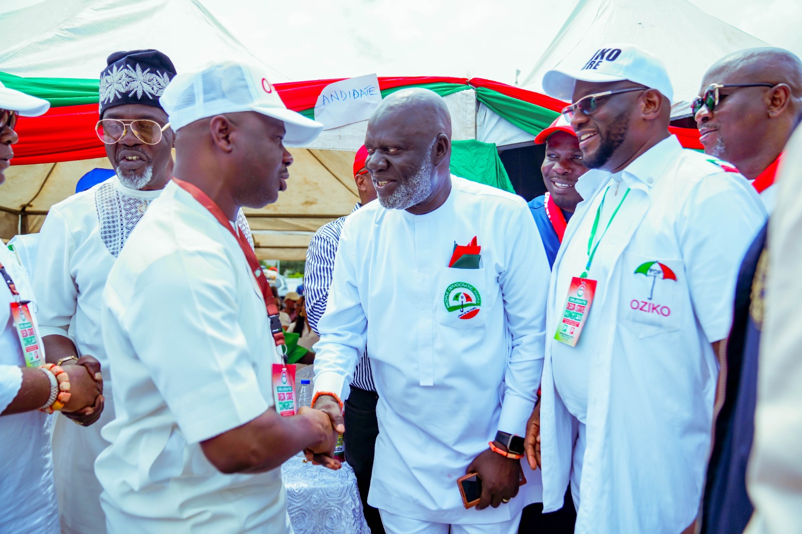 Speaker Guwor (left) Congratulates New Delta PDP Executives Chairman, Chief Solomon Areyenka