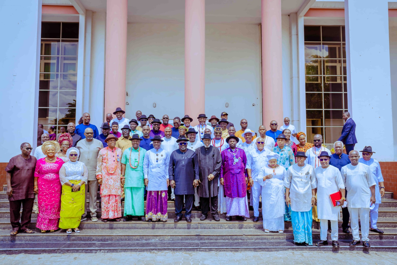 Delta State Governor, Rt. Hon. Sheriff Oborevwori (8th right), Speaker, Delta State House of Assembly, Rt. Hon. Emomotimi Guwor (7th left), Alaowei Broderick Bozimor (7th right), Secretary to State Government, Dr. Kingsley Emu (4th left) and others, during a courtesy visit on the Governor by the Leaders/Stakeholders of Ijaw ethnic nationality of the State on Wednesday, October 30, 2024 in Government House Asaba.