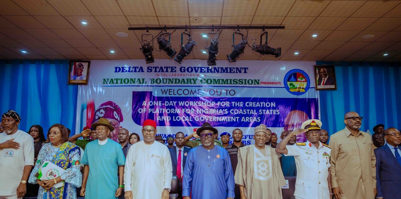 Delta Governor, Rt Hon Sheriff Oborevwori (5th right), his Deputy, Sir Monday Onyeme (4th left), Deputy Governor, Bayelsa, Senator Lawrence Ewhrudjakpo (3rd left), his Rivers counterpart, Prof Ngozi Odu (2nd left), Deputy Speaker, Delta State House of Assembly, Rt Hon Arthur Akpowowo (left), the Director General, National Boundary Commission, Surveyor Adamu Adaji (4th right), representative of the Chief of Naval Staff, Rear Admiral Jeffrey Kwetishe (3rd right), Secretary to Delta State Government, Dr Kingsley Emu (2nd right), and the Head of Delta State Civil Service, Mr. Reginald Bayoko (right), during a One-Day Workshop for the Creation of Platform for Nigeria's Coastal States and Local Government Areas held in Asaba on Wednesday, November 13, 2024.