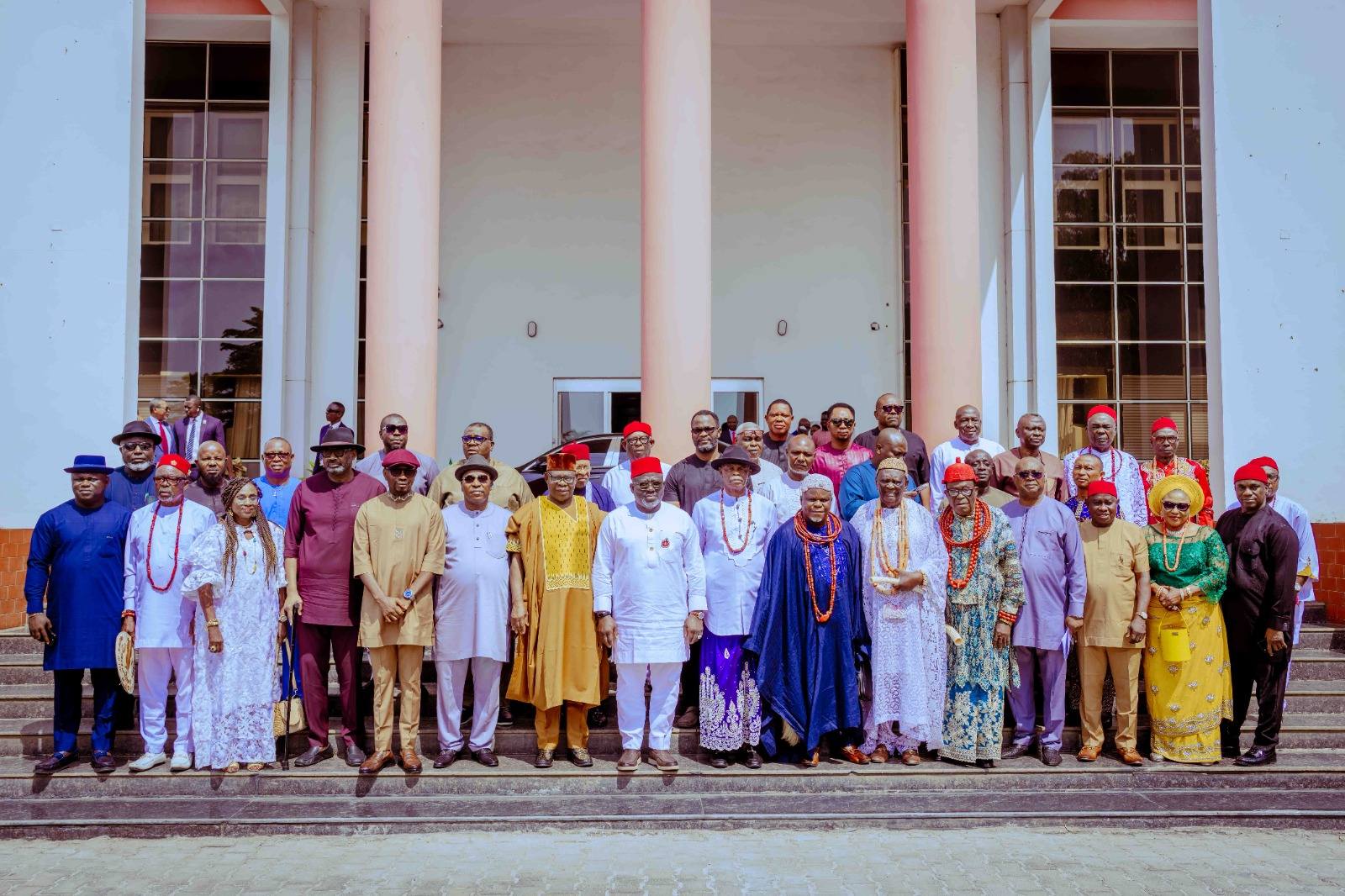 Delta Governor, Rt Hon Sheriff Oborevwori (8th left), Deputy Governor, Sir. Monday Onyeme (7th left), HRM. Isaac Obi, the Oduosa of Utagba-Ogbe Kingdom (6th right), the Ezhie of Ezhionum, HRM (Evangelist), Roland Osamuta (5th right), member representing Ndokwa West constituency in the State House of Assembly, Hon. Charles Emetulu (6th left), his Ndokwa East counterpart, Hon. Osamuta Emeka (5th left), SSG Dr. Kingsley Emu (4th left), and others shortly after a courtesy call on the Governor by Ndokwa Neku Union in Asaba on Wednesday, November 27, 2024