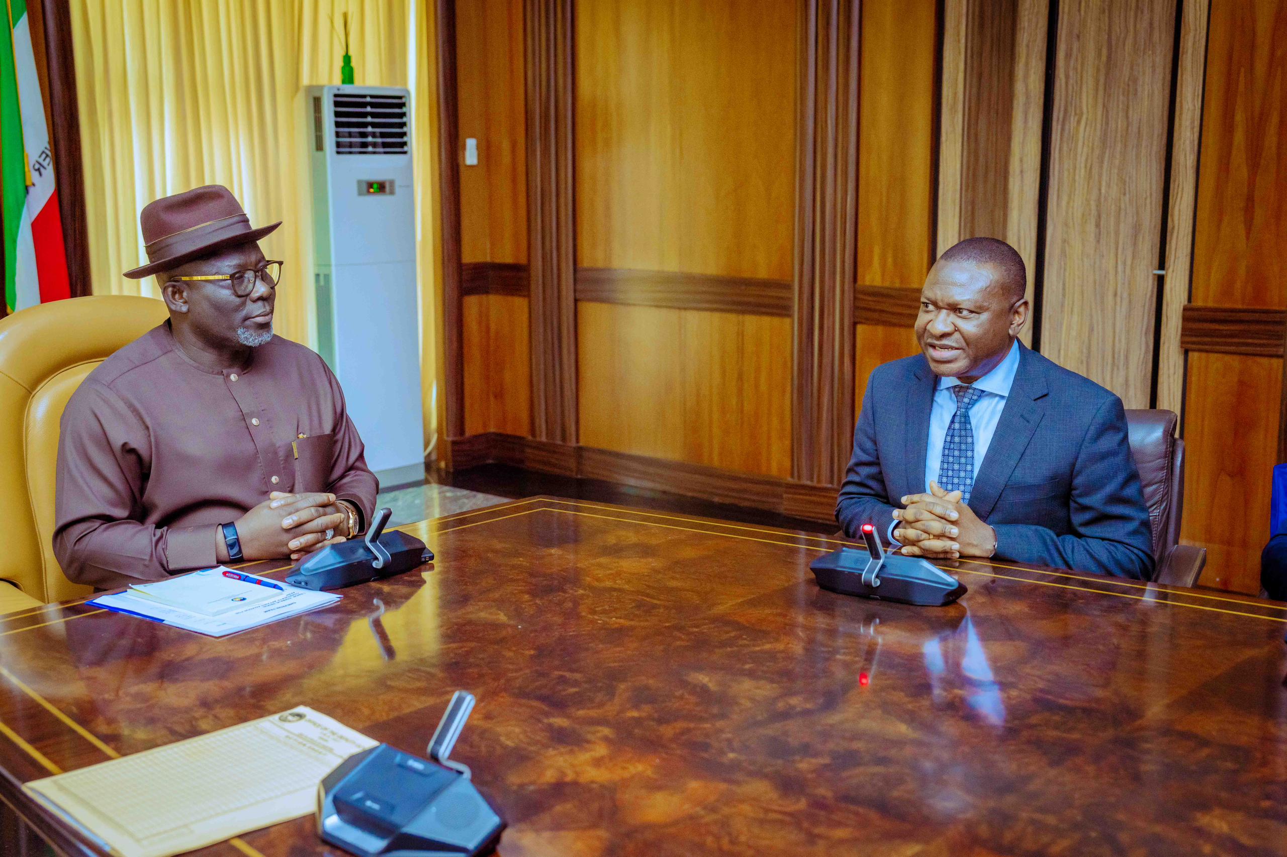 Delta Governor, Rt Hon Sheriff Oborevwori (left), and the Team Leader, Corporate Affairs Advisor for African Region, Engr. Esimaje Brikins during a courtesy call on the Governor in Asaba on Tuesday, November 19, 2024