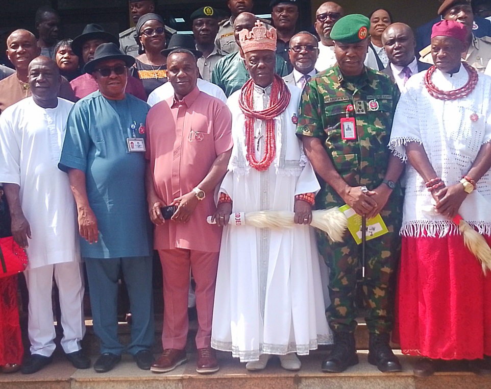 Representative of Delta Governor, and Commissioner for Finance, Sir. Fidelis Tilije (3rd left), Senator Emmanuel Agwuariavodo (left), the Chairman, Delta State Traditional Rulers Council, and the Orodje of Okpe Kingdom, His Royal Majesty, Maj Gen Felix Mujakperuo (3rd right), Obi of Obulunor Kingdom, HRM, Henry Kichachukwu (right), Commander 63 Brigade Nigeria Army, Brig. Gen. Ugochukwu Onachukwu (2nd right), Member representing Aniocha South in the State House of Assembly, Hon. Isaac Anwuzia (2nd left) and others during the 2025 launch of the Armed forces Remembrance Day Emblem Appeal Fund at Government House, Asaba on Tuesday, December 10, 2024.