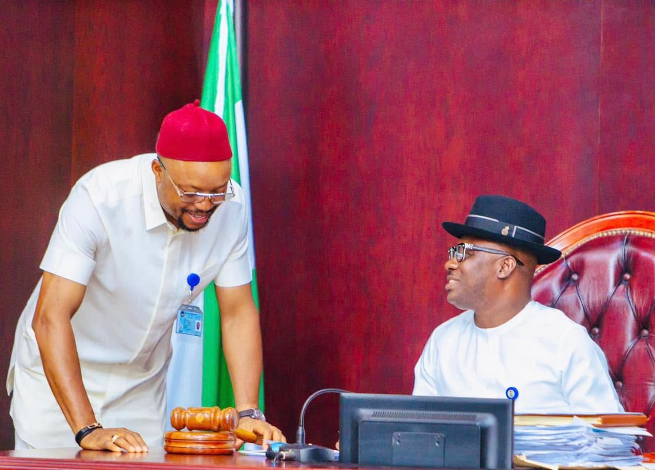 (R-L) Delta Assembly Speaker, Rt. Hon. Emomotimi Guwor and House Majority Leader, Hon. Emeka Nwaobi