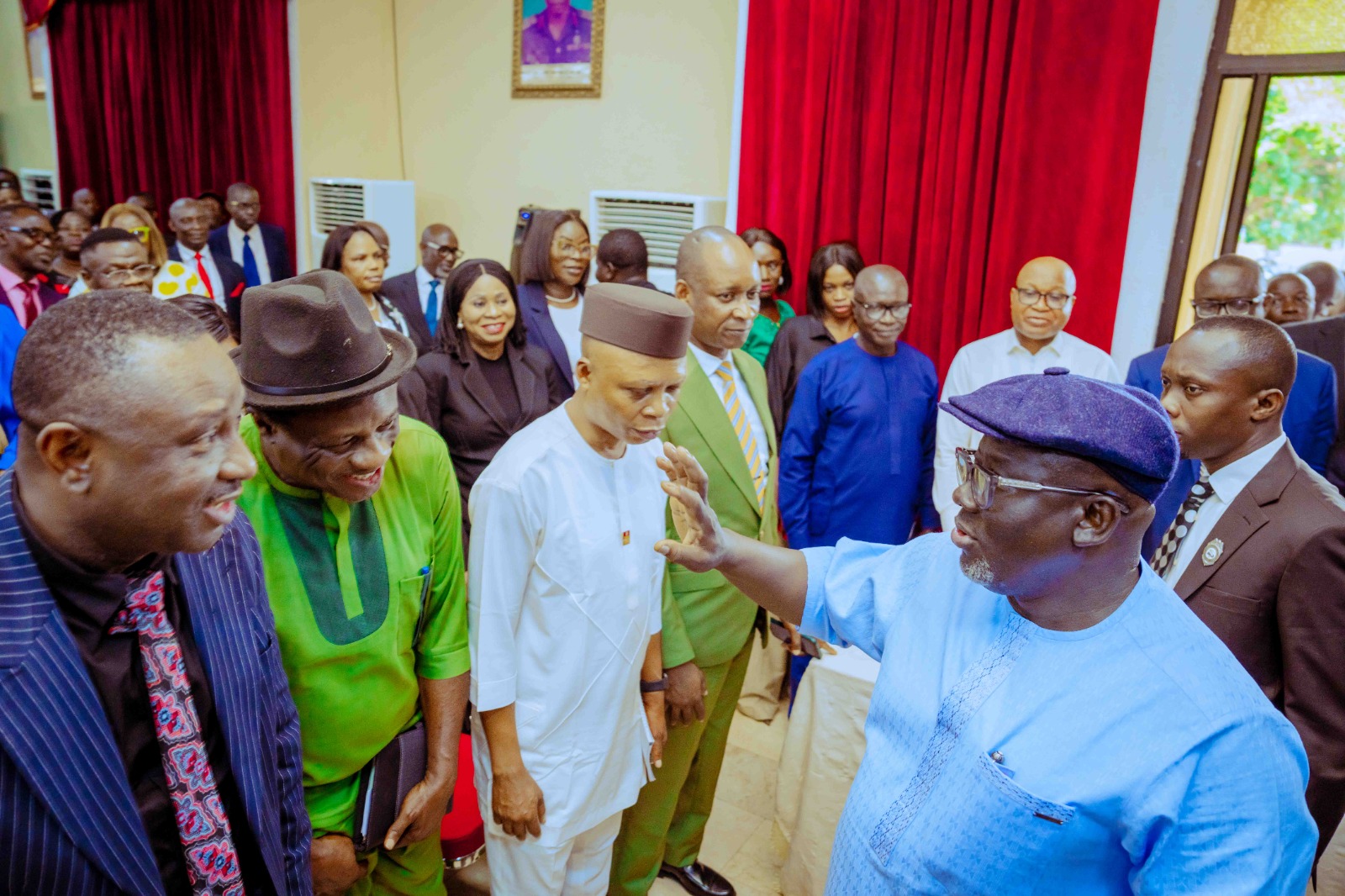 Delta State Governor, Rt. Hon. Sheriff Oborevwori (right) acknowledging cheers from Permanent Secretaries, Heads of Extra Ministerial Departments/Agencies as well as Directors and Deputy Directors in the state civil service shortly after a meeting with them at Government House, Asaba on Wednesday, January 29, 2025