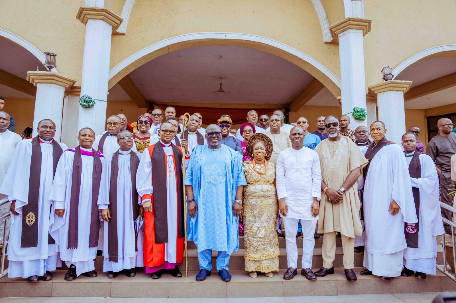 Delta State Governor, Rt Hon Sheriff Oborevwori (5th left), Speaker of the State House of Assembly, Rt Hon Emomotimi Guwor (4th right), Deputy Chairman, Delta State People's Democratic Party (PDP), Chief Moses Idu (3rd right), Bishop, Church of Nigeria (Anglican Communion) Diocese of Asaba, Bishop Kingsley Obuh (4th left), and other Clergymen with the just retired Permanent Secretary, Ministry of Finance/Accountant General of the State, Mrs Joy Enwa shortly after her retirement Thanksgiving Service held at the Cathedral Church of St. Peter in Asaba on Sunday, January 19, 2025