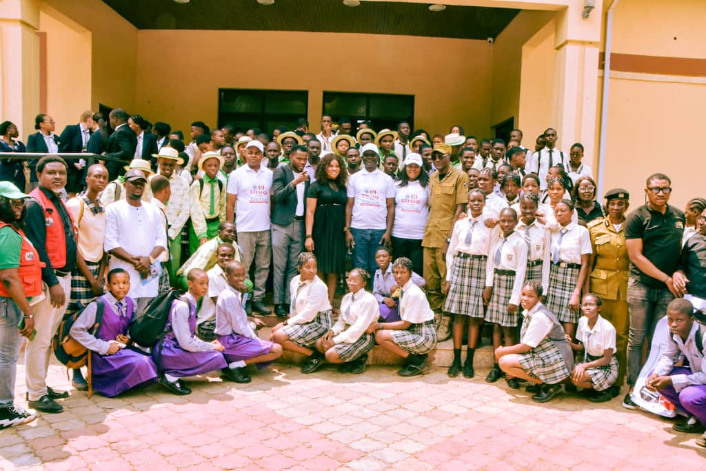 Director General, Delta State Orientation and Communications Bureau, Dr. Fred Oghenesivbe, Esq (9th right), Delta State Commander, NDLEA, CN Abubakar Wada (7th right), the Commander Delta Ports, Warri, CN Ann Okoebor (2nd right), and other dignitaries with some students shortly after the official flag off of Drug Free Delta campaign held in Asaba on Monday, February 3, 2025