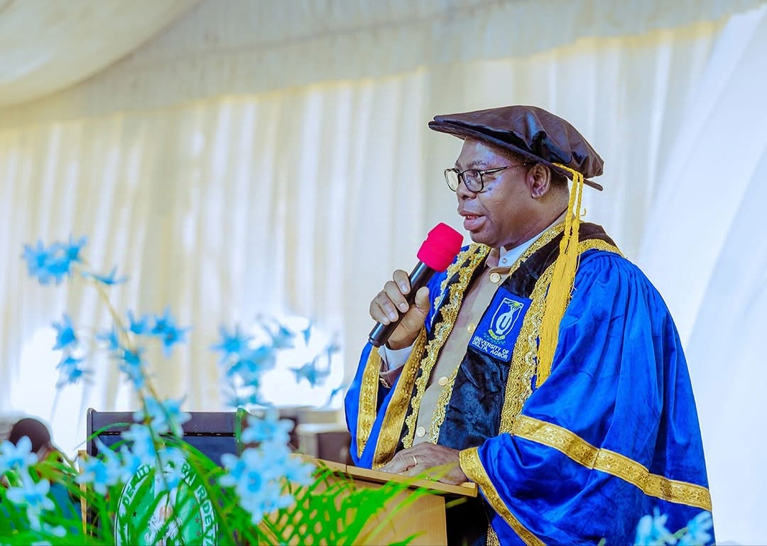 Delta State Deputy Governor, Sir Monday Onyeme, Representative of Governor Sheriff Oborevwori speaking at the 4th Founder's Day Celebration of the University of Delta (UNIDEL), Agbor on Wednesday, February 26, 2025. (Pix: Press Unit DTGH)