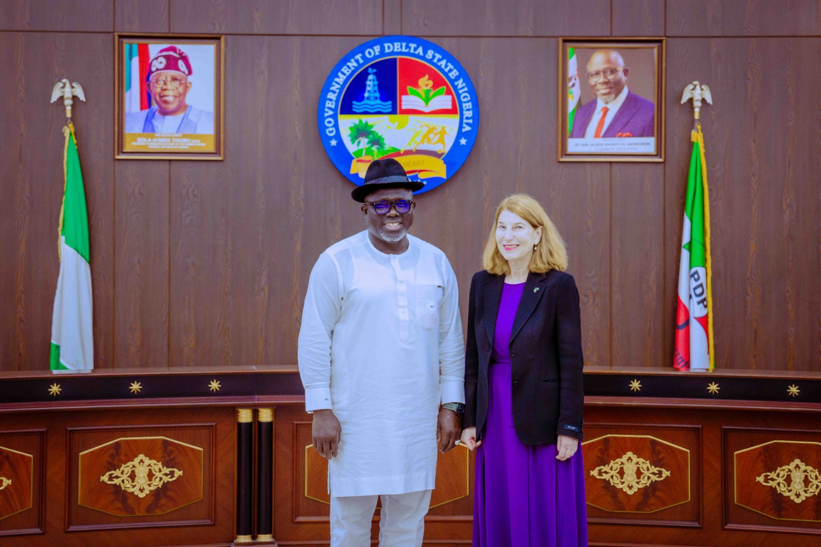 Delta State Governor, Rt Hon Sheriff Oborevwori (left), and Swedish Ambassador to Nigeria, Amb. Annika Hahn-Englund shortly after a courtesy call on the Governor in Asaba on Tuesday, February 4, 2025 (Px: DTGH Press Unit)