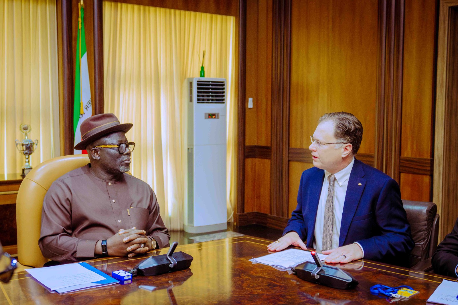 Delta State Governor, Rt Hon Sheriff Oborevwori (left), listenes as the Chairman and Managing Director, Chevron, Mr. Jim Swartz made his speech during a courtesy call on the Governor by Management of Chevron in Asaba on Tuesday, February 11, 2025. (Pix: DTGH Press Unit)